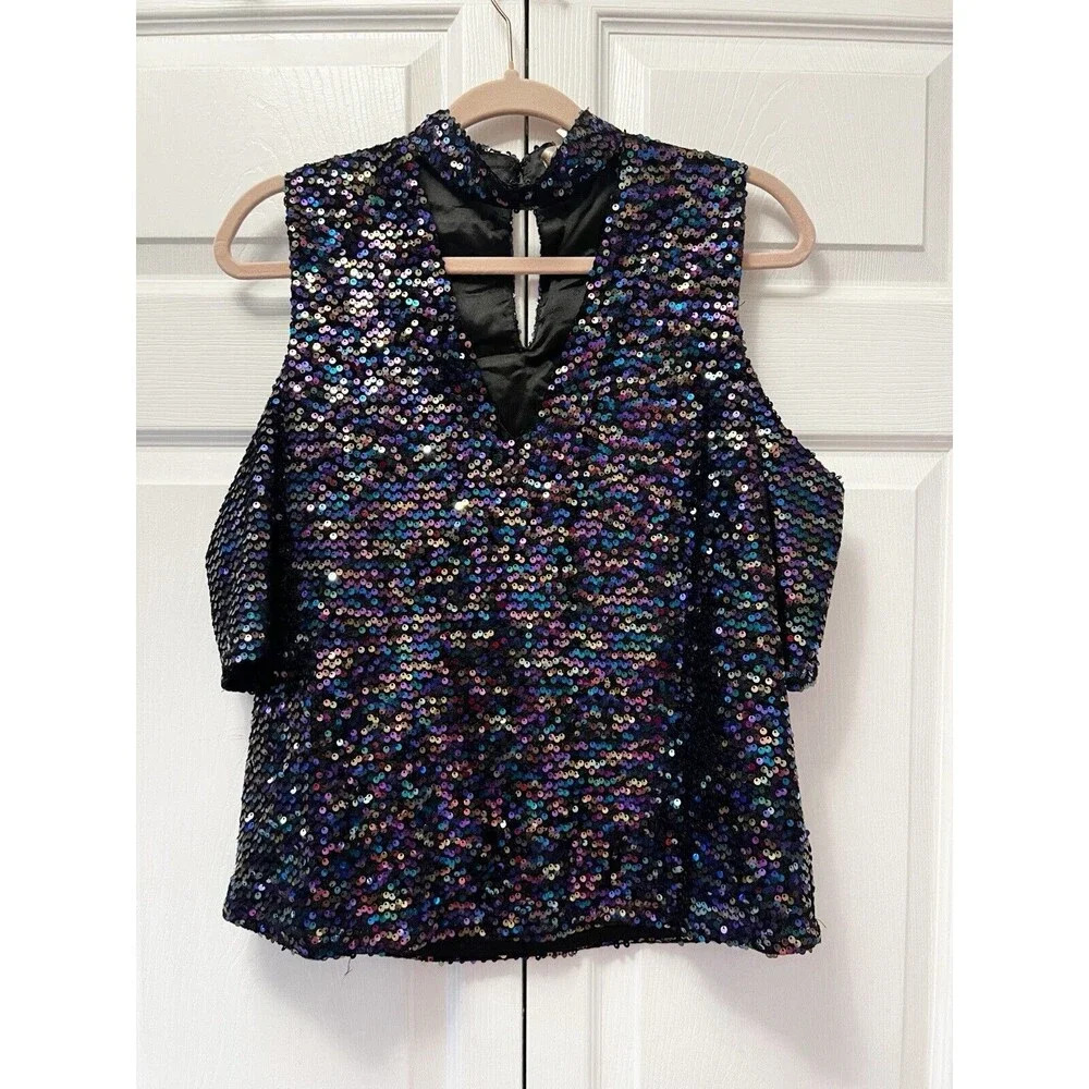 Boston Proper Multi Color Sequin‎ Evening Wear Mock Neck Top Size XS